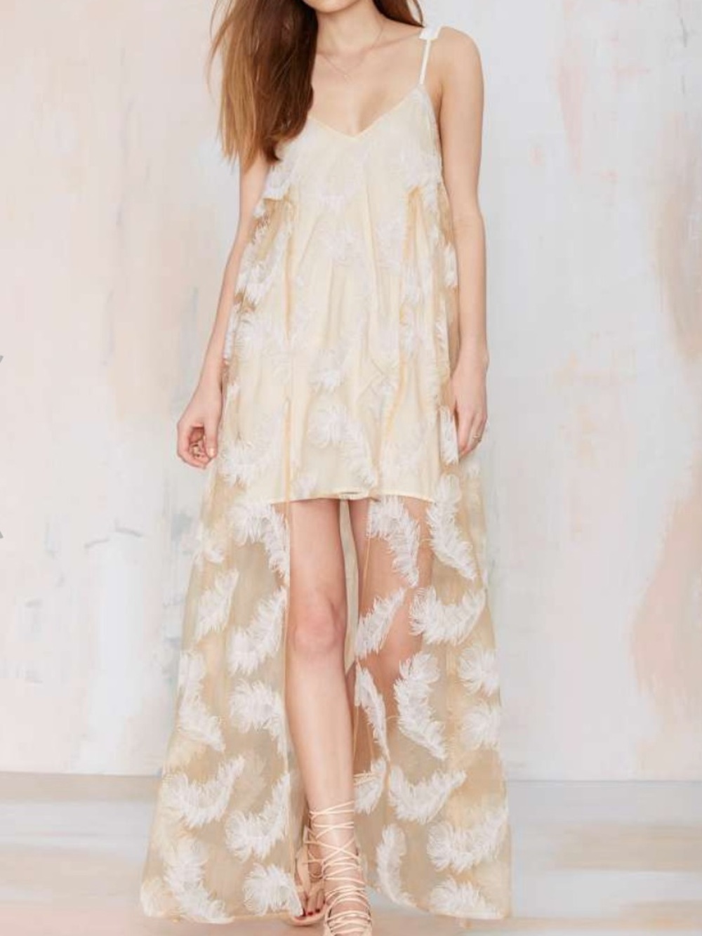 Line & Dot Cream Feather 3D Sheer High-Low Festival Dress